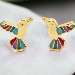 14 Karat Solid Gold Yellow Gold Hummingbird Multi Color Screw Back Earrings